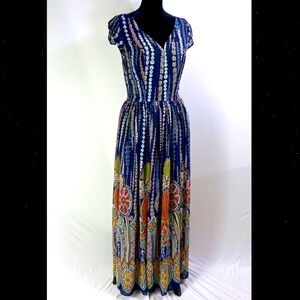 Eshakti Navy & Fall tones Citrus print Maxi Dress Chiffon CUSTOM SIZE 6 TALL